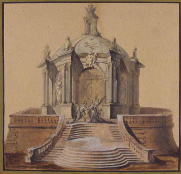 Ein gerahmtes Zeichnung eines klassizistischen Brunnens mit einer Statue darauf, umgeben von Stufen und weiteren Skulpturen.