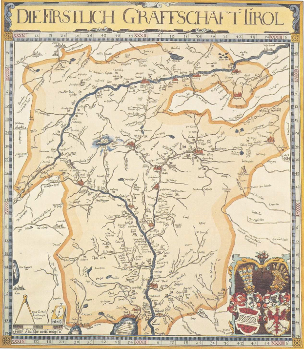 Ein detailliertes Plakat der ersten deutschen Grafschaft Tirol-Karte, das geografische Merkmale wie Flüsse, Berge und Städte zeigt, mit begleitendem Text über die Region.