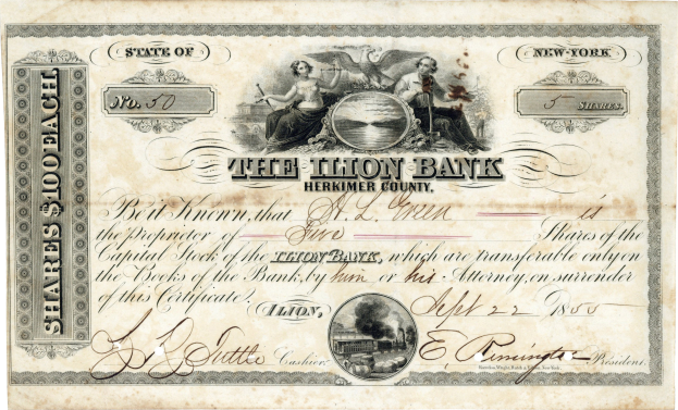 Altes Wertpapier mit Abbildung eines Mannes und einer Frau, auf dem Name der Bank und Ausstellungsdatum aufgedruckt sind.