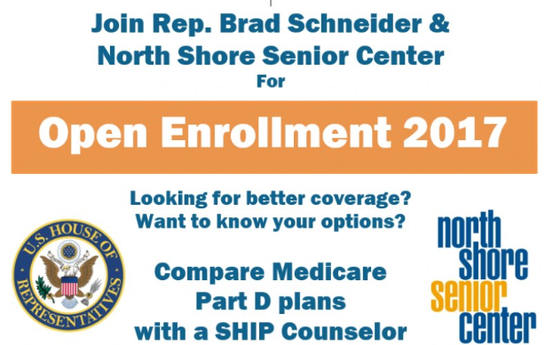 Plakat mit Text zur Einladung zu Rep. Brad Schneider und North Shore Senior Center für die Open Enrollment 2017, mit Logo.
