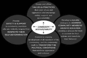 Ein Diagramm, das die Gemeinschaftsverantwortung mit drei miteinander verbundenen Komponenten veranschaulicht, die in einem zentralen Kreis in fetter Schrift geschrieben sind und von sich überschneidenden farbigen Kreisen umgeben sind, die durch Pfeile verbunden sind.