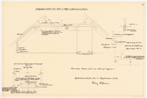 Schwarz-weißes architektonisches Zeichnung eines Hauses mit einem geneigten Dach, einschließlich detaillierter Grundrisse und Textanmerkungen auf altem Papier.