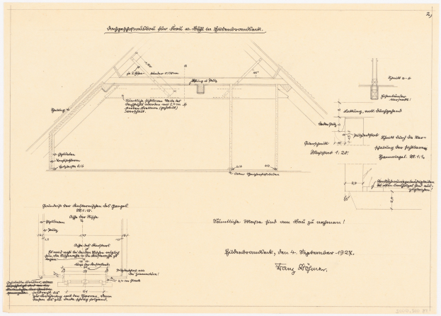 Schwarz-weißes architektonisches Zeichnung eines Hauses mit einem geneigten Dach, einschließlich detaillierter Grundrisse und Textanmerkungen auf altem Papier.