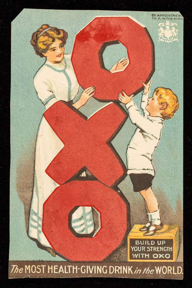 Ein helles Plakat, das eine Frau und ein Kind nebeneinander zeigt, jeder hält eine große Zahl in der Hand, mit dem Text "Das gesündeste Getränk der Welt" darunter.
