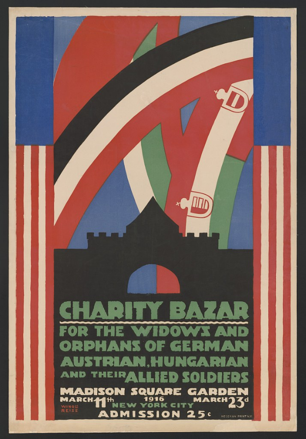Plakat für Wohltätigkeitsbasar für Witwen und Waisen deutscher, australischer, ungarischer und alliierter Soldaten mit Veranstaltungseinzelheiten im Text.