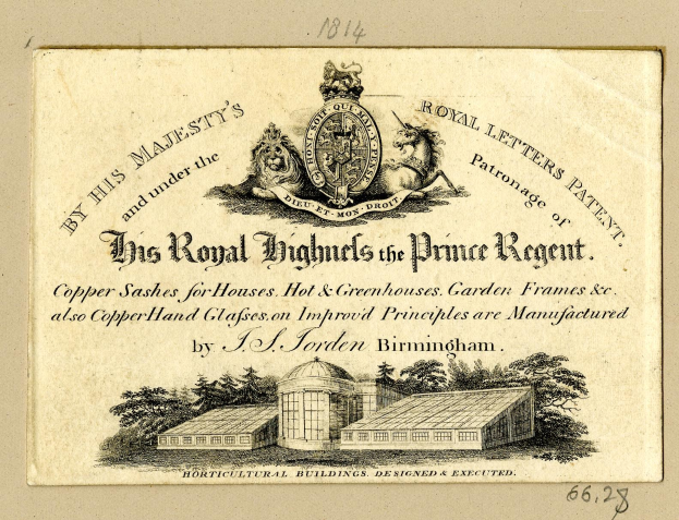 Business-Card für 'Die Königlichen Hochhäuser des Prince Regent' mit einem Bild eines Gebäudes mit Bäumen.