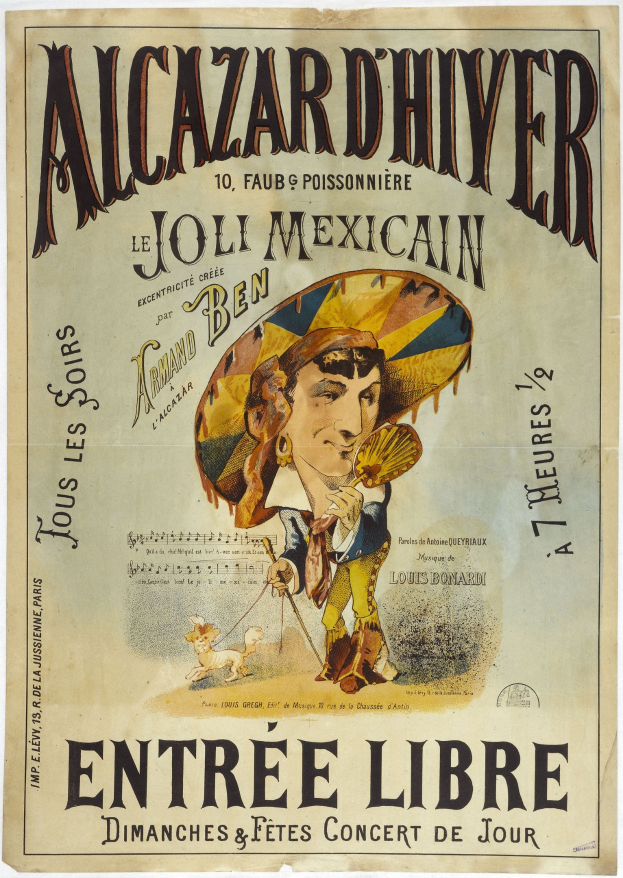 Ein Plakat, das ein mexikanisches Konzert ankündigt und einen Mann mit Hut zeigt, mit Text, der das Ereignis beschreibt.