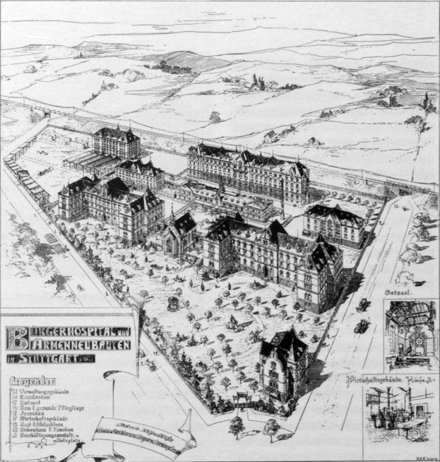 Schwarze und weiße Karte einer Stadt mit zahlreichen Gebäuden, Bäumen und Text, die einen klassischen und zeitlosen Look vermitteln.