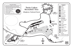 Detailierte Karte des Twin Lakes Freizeitgebiets mit Wanderwegen, Sehenswürdigkeiten und Wegmarkierungen mit Textbeschriftungen.