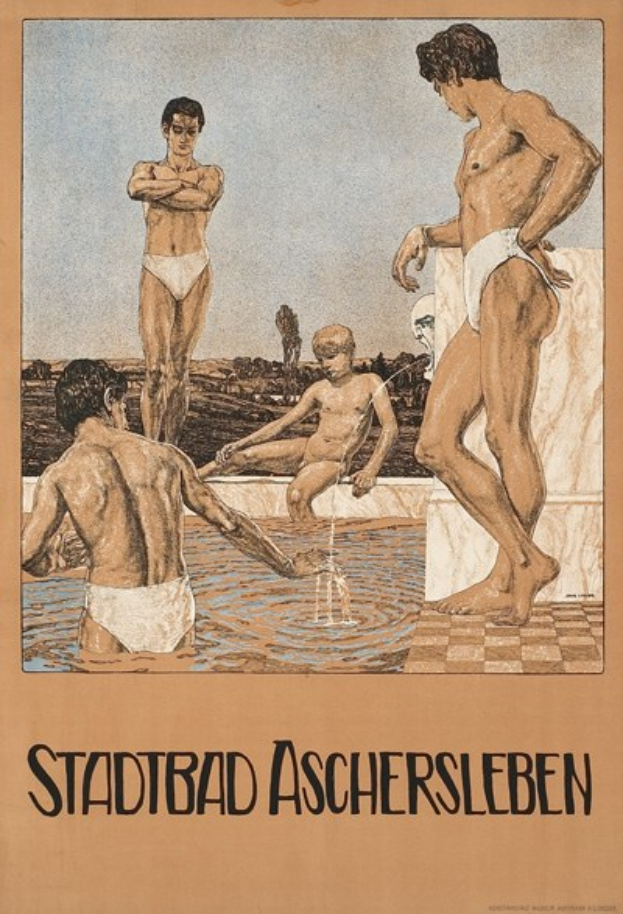 Plakat wirbt für ein Schwimmbad in Aschersleben, Deutschland, zeigt Menschen im Wasser mit einer Person sitzend und Text mit Details zum Pool und seinen Annehmlichkeiten.