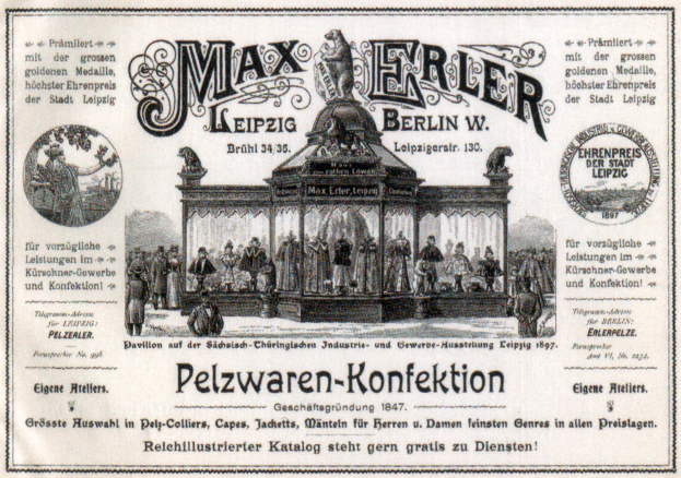 Eine alte Werbung für Max Erler Leipzig in Berlin, Deutschland, die eine Gruppe von Menschen vor einem Gebäude zeigt, auf dem Text steht, der ein Ereignis ankündigt.