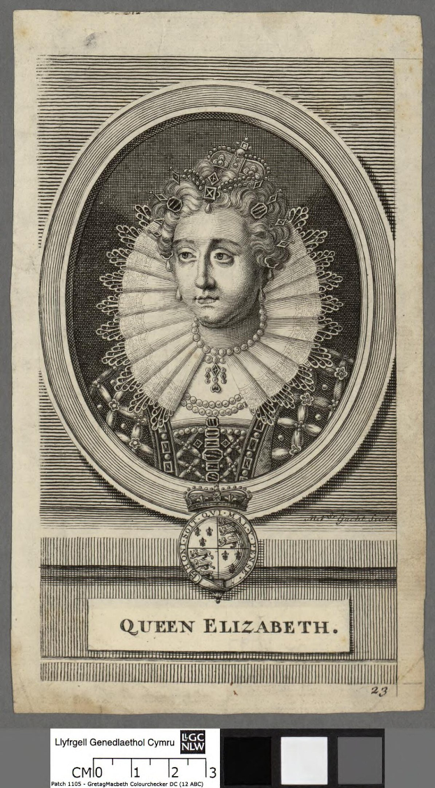 Porträt der Queen Elizabeth I. von England in königlicher Kleidung mit Krone und Tiara, grauer Hintergrund, feine Gesichtszüge und würdevoller Ausdruck.