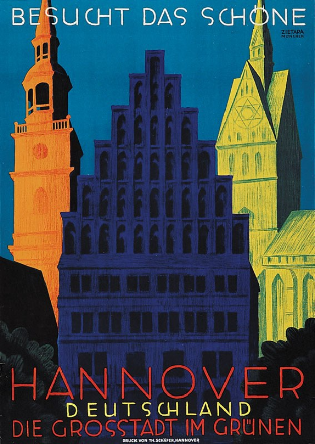 Ein Plakat, das Hannover, Deutschland bewirbt, zeigt einige Gebäude, Bäume und Text mit Informationen über die Stadt.