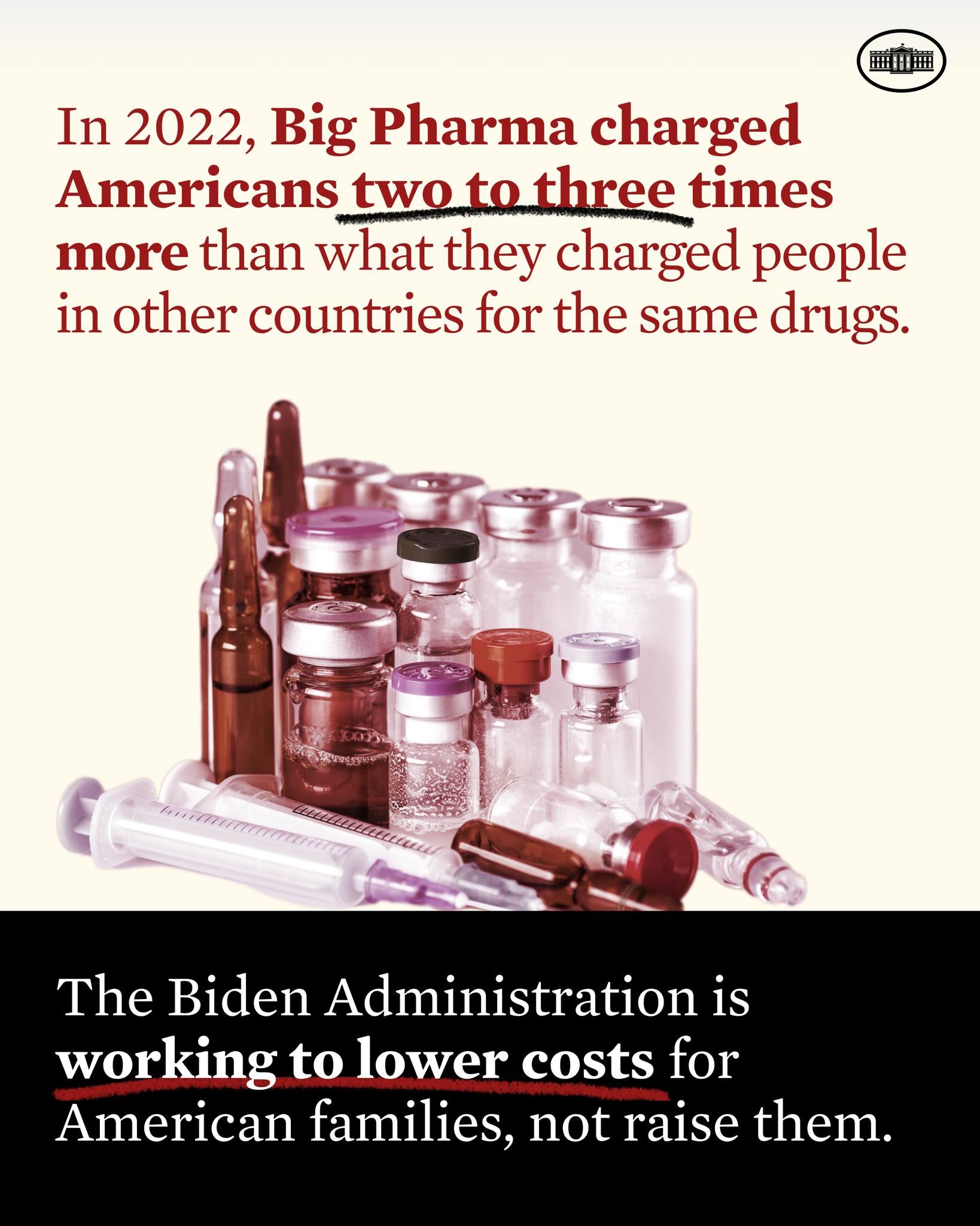 Ein Plakat, das zeigt, dass Big Pharma 2022 Amerikanern zwei bis drei Mal so viel für dieselben Medikamente berechnet hat wie in anderen Ländern, mit ein paar Medikamentenflaschen und einer Spritze.