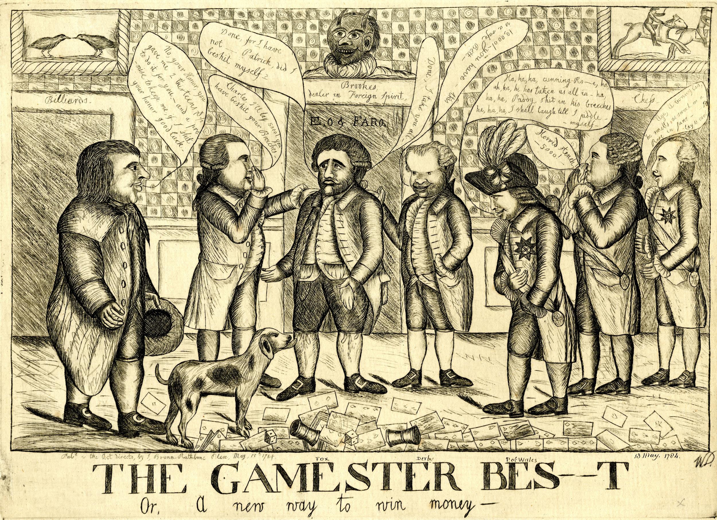 Eine Zeitung mit einer Zeichnung von Menschen, die ein Spiel spielen und einen Hund, betitelt mit "The Gamester Bes-T oder ein neuer Weg, Geld zu gewinnen."