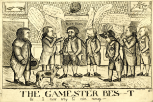 Eine Zeitung mit einer Zeichnung von Menschen, die ein Spiel spielen und einen Hund, betitelt mit "The Gamester Bes-T oder ein neuer Weg, Geld zu gewinnen."