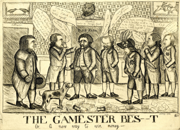 Eine Zeitung mit einer Zeichnung von Menschen, die ein Spiel spielen und einen Hund, betitelt mit "The Gamester Bes-T oder ein neuer Weg, Geld zu gewinnen."