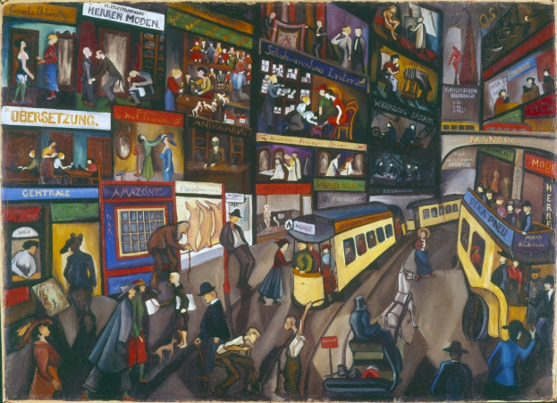 Ein Gemälde, das eine belebte Stadtstraße mit Menschen, Fahrzeugen, Gebäuden, Geschäften und verschiedenen Gegenständen zeigt.