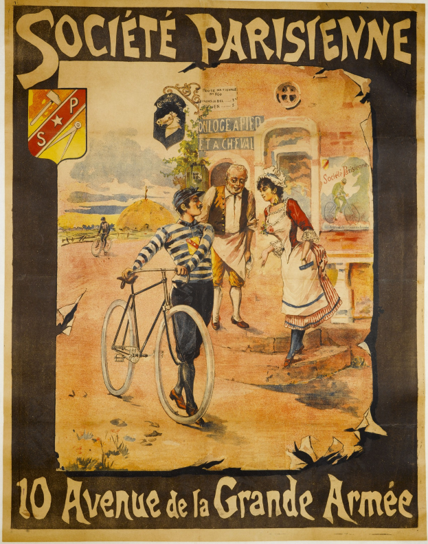 Ein Plakat, das ein Fahrradrennen in Paris, Frankreich, ankündigt, mit einer Gruppe von Menschen, von denen einer ein Fahrrad hält, einem Gebäude im Hintergrund und einem Text, der das Ereignis beschreibt.