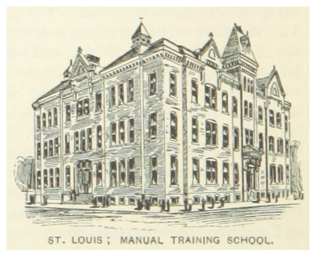 Zeichnung der St. Louis Manual Training School mit mehreren Personen davor und Text unten.