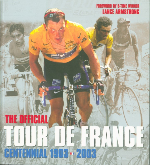 Offizielles Tour-de-France-Jubiläumsplakat (1903–2003) mit einer Gruppe von Radfahrern auf Fahrrädern und Text mit Eventdetails.