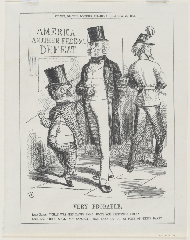 Eine Zeitung mit einer Zeichnung von drei Menschen mit Hüten und dem Text "Amerika Weitere Bundesniederlage - Sehr Wahrscheinlich" darauf.