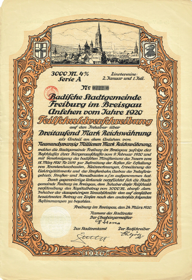 Altes deutsches Wertpapier mit einer Stadtansicht