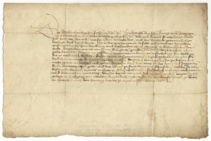 Ein vergilbtes, altes Stück Papier mit sauberer, lesbarer, formaler Schreibschrift, das angeblich ein Brief des deutschen Finanzministers an seine Frau ist.