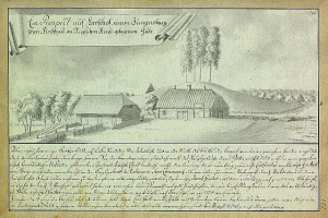 Ein altes Dokument, das einen Hof in einem Feld umgeben von Häusern, Bäumen und einem Himmel zeigt, mit dem Text "Surgensburg, Deutschland - Landschaft eines Hofs."