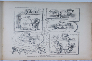 Offenes Buch mit einer Zeichnung von Kindern, die in einem üppigen Garten spielen, mit Text und bunten Illustrationen.