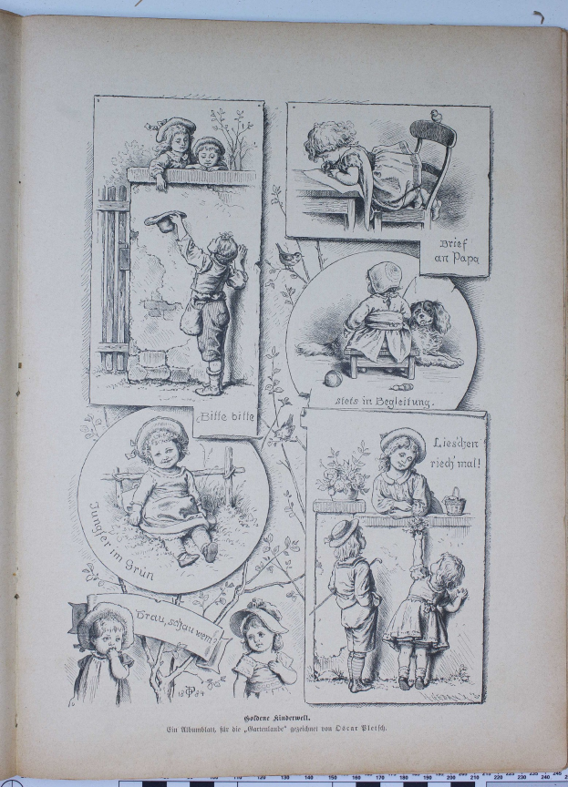 Offenes Buch mit einer Zeichnung von Kindern, die in einem üppigen Garten spielen, mit Text und bunten Illustrationen.