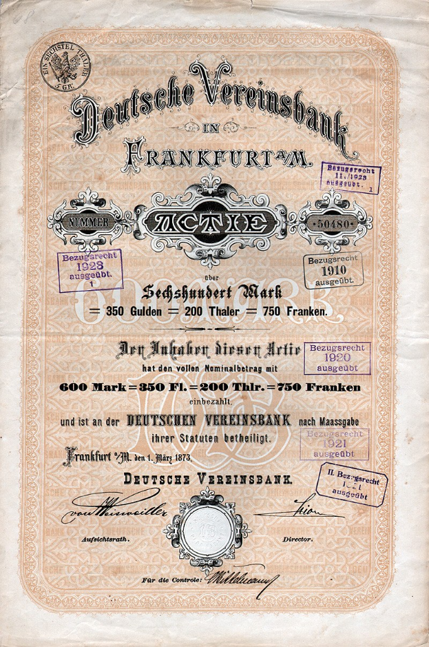 Altes deutsches Aktienzertifikat der Deutschen Vereinsbank in Frankfurt, auf Papier gedruckt.