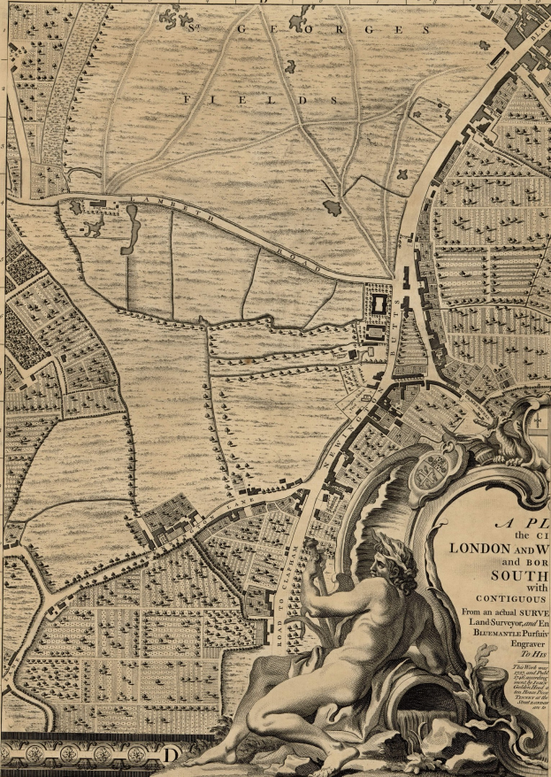 Ein detailliertes Poster mit einer Karte von London und seiner Umgebung mit einer zentralen Skulptur einer Person.