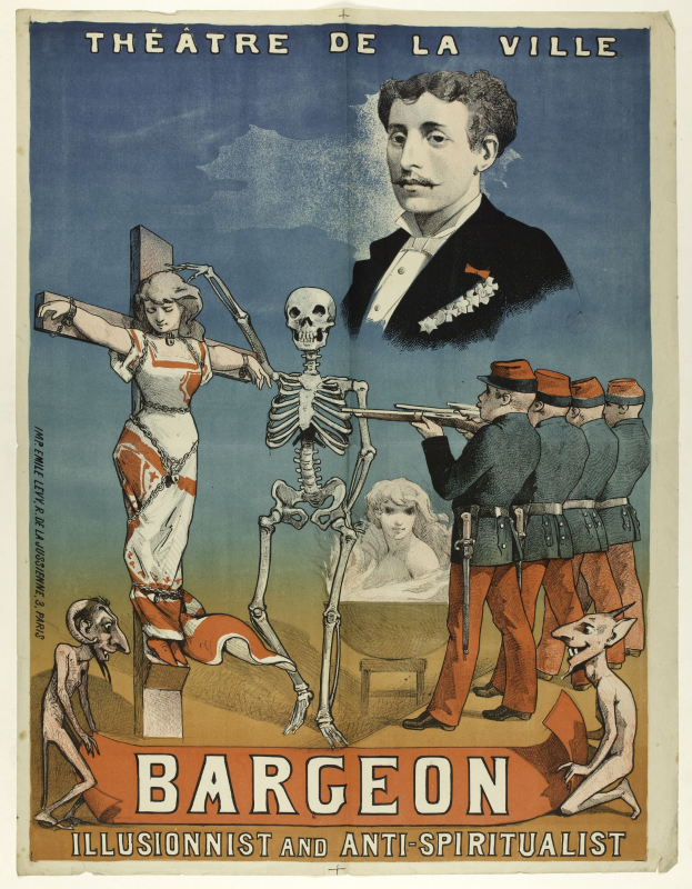 Plakat für das Théâtre de la Ville in Paris mit einem Skelett mit ausgestreckten Armen, umgeben von aufgeregten Menschen und dem Text "Bargeon Illusionist und Anti-Spiritualist".