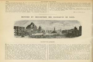 Offenes Buch mit einer detaillierten Stadtansicht, einschließlich Gebäuden, Menschen und Text.
